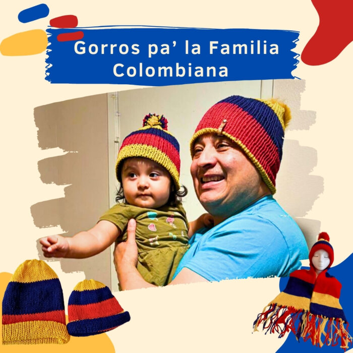 Beanie with Colombia Flag Colors Wool Knit Handmade. Gorro con Colores de Bandera Colombiana, Venezuela, Ecuador: Amarillo, Azul, Rojo.